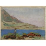 SCOTTISH SCHOOL Cadell in Iona, 1920s, oil on canvas, 28 x 38cm,and etchings (3)   Condition