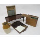 A mixed lot to include mahogany bed tray, mahogany framed wall mirror, file box, wash board and a