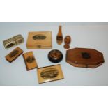 A collection of Mauchline ware including pin cushion, needle cases, straw work box etc  Condition
