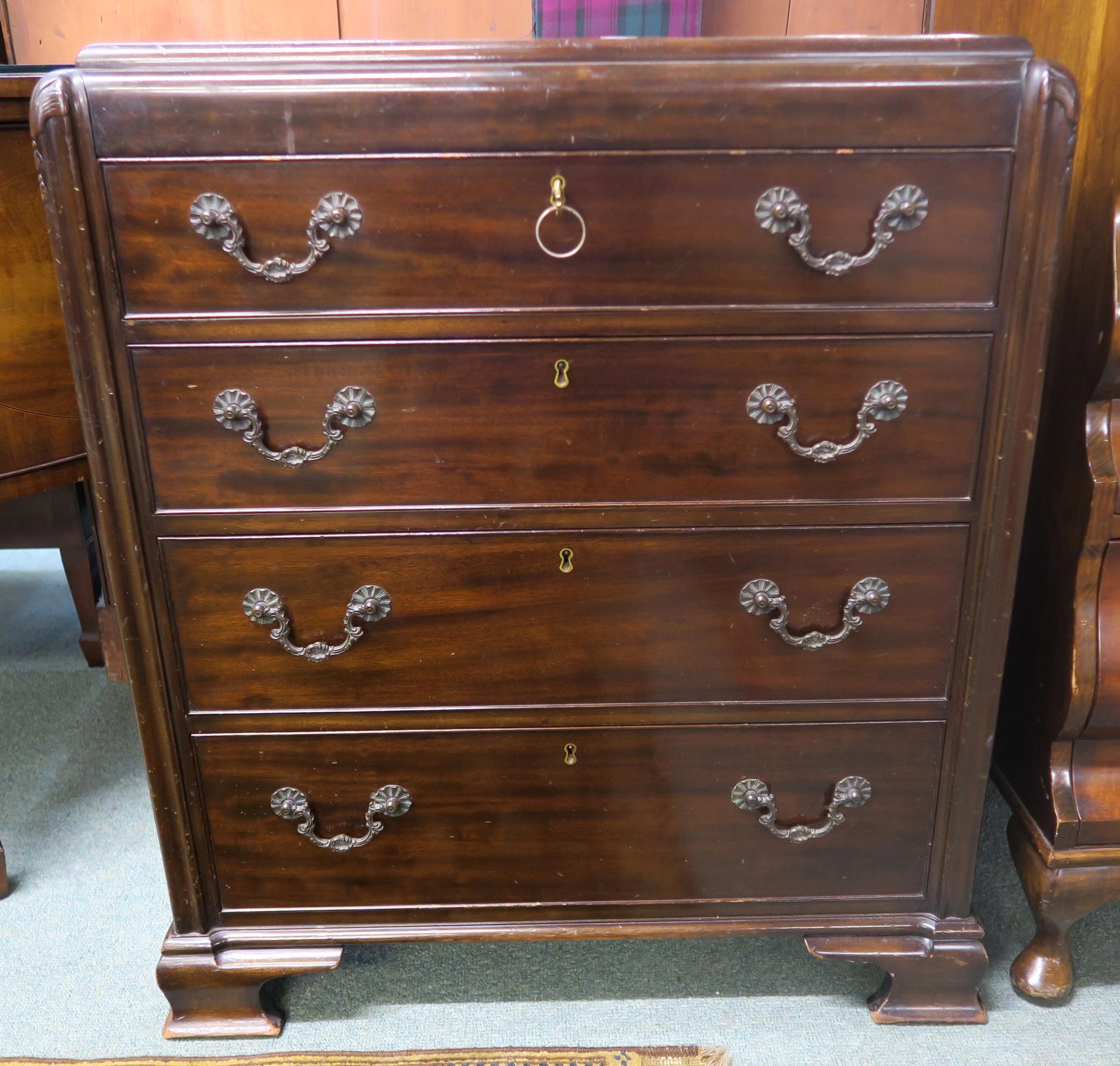 A 20th century mahogany four drawer chest on bracket feet, 80cm high x 72cm wide x 47cm deep