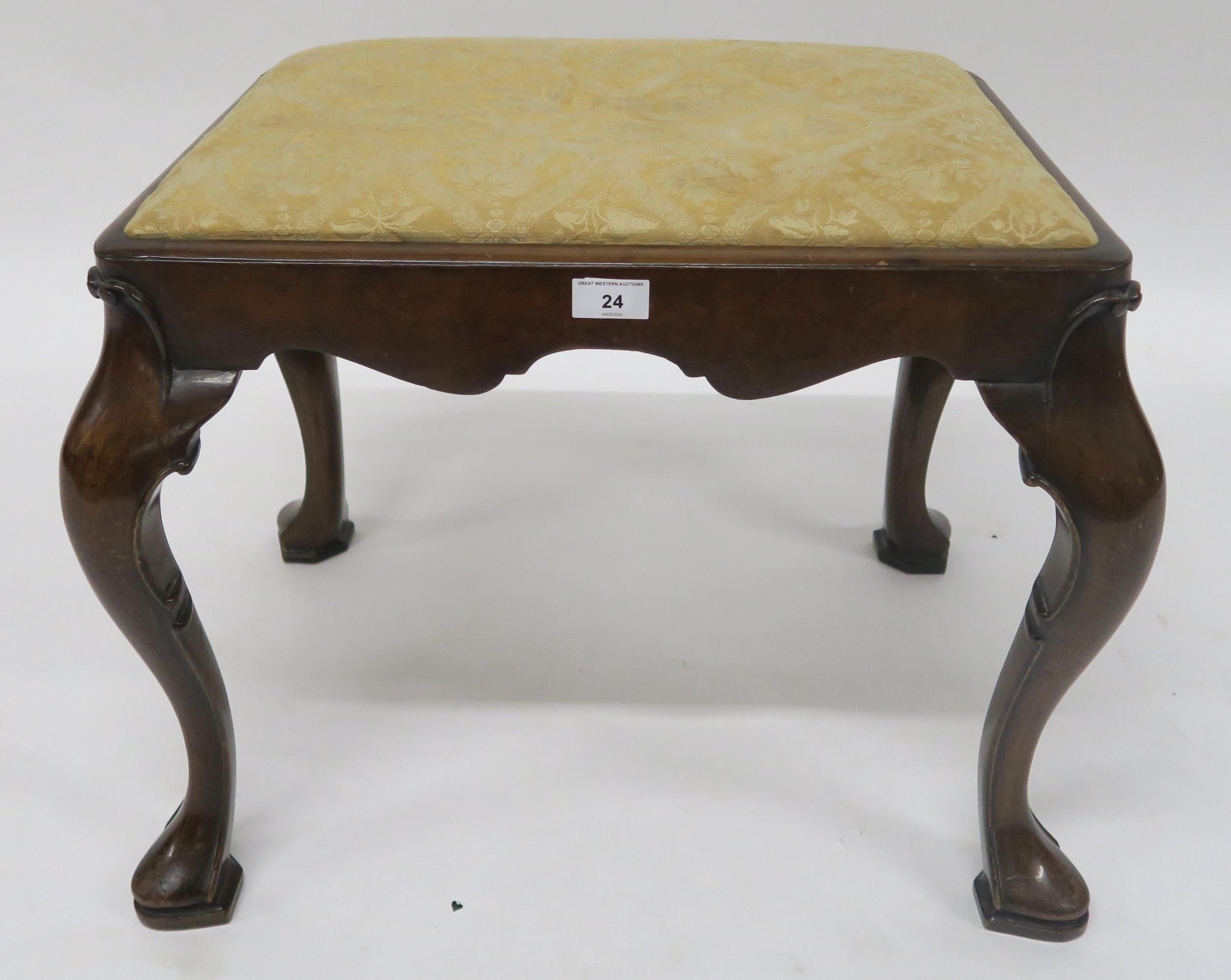 An early 20th century mahogany footstool with gilt upholstered drop in pad on shaped cabriole - Image 2 of 2