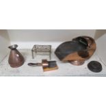 A Victorian copper coal scuttle, copper jug and brass trivet (3) Condition Report:Available upon