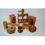 A tray lot of Mauchline ware including bobbin case, miniature book holder, Burns Works, book/