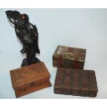 Three decorative boxes including sandalwood example, carved with elephants, 15cm wide and a carved