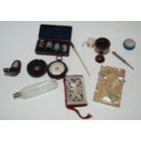 A box of miscellaneous including mother of pearl card case, thimbles, scent bottle etc  Condition