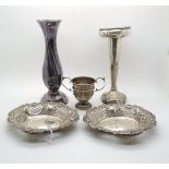 A collection of silver comprising a pair of silver bon bon dishes with pierced decorations and