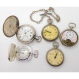 A silver plated Elgin pocket watch, a military pocket watch the back stamped GSTP, Railway