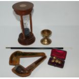 A tray lot including cased silver-mounted pipe, gilt-metal buttons, cigarette holder, silver-mounted
