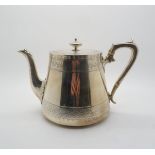 A Victorian silver teapot of tapering cylindrical form with bands of engine turned floral decoration