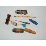 A treen needle case, another, thimble holder, tape measure etc Condition Report:Available upon