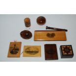 Four Mauchline ware needle cases, Mauchline ware thread case etc  Condition Report:Available upon