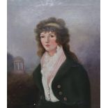 SCOTTISH SCHOOL Portrait of a lady, before Alloway Tower, oil on canvas, 72 x 60cm Note; The