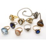 Three 9ct rings, a cameo, and two blue paste gems, weight 11gms, a Thomas Mott silver and