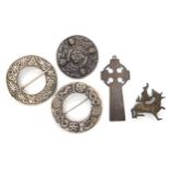 A hand engraved Celtic cross pendant, three Scottish brooches, to include C.A.I, John McGilvray