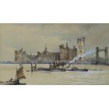 BRITISH SCHOOL London paddle steamer anchored at a jetty beside suspension bridge, watercolour, 17 x