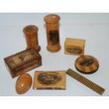 A collection of Mauchline ware including bobbin case, needle case, straw work box etc  Condition