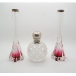 A pair of silver topped flashed cranberry glass specimen vases, 20cm, and a Victorian silver