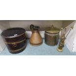 A 20th century mahogany and brass banded coal bin, brass coal bin, set of brass fire tools and a