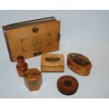 A Mauchline ware Burns related photograph album, 22cm wide, Mauchline ware thread cases etc