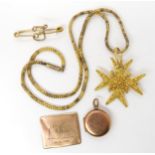 A collection of 9ct and yellow metal items to include a Maltese cross pendant, locket, brooch and
