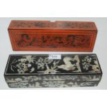 A mother of pearl inlaid box with paper knife, 28cm wide and a red lacquer box, 32cm wide