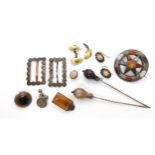 A collection of Scottish agate jewellery, stag's tooth cufflinks (af) and other items Condition