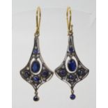 A pair of yellow and white metal sapphire and diamond earrings, length 4.8cm, weight 4.5gms