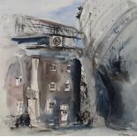 JOHN FORGAN (SCOTTISH) DOCKYARD AND CLOCK TOWER Pen, ink and wash on paper, signed lower right,