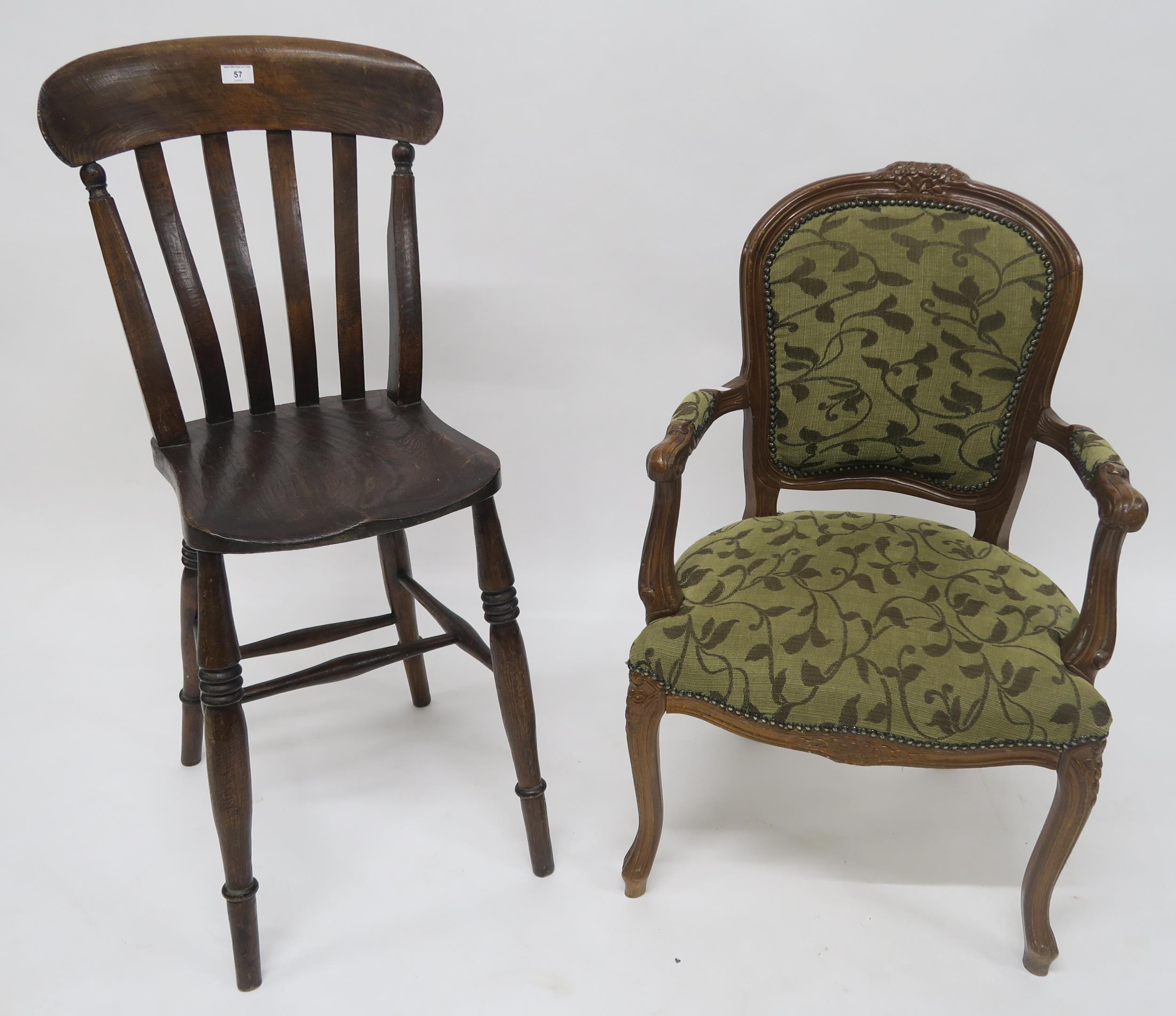 A Victorian elm rail back high chair on turned stretchered supports and a 20th century upholstered