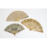 THREE 19TH CENTURY HORN FANS the net leaf embroidered with sequins, spangles and mother of pearl,