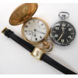 A gold plated full hunter Waltham pocket watch, an open face Ingersoll pocket watch and a Cyma wrist