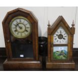 A 20th century mahogany cased mantle clock with painted glass panel and another mahogany mantle