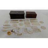 A lot containing mother of pearl counters of various form, a tortoise shell trinket box bearing
