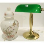 A desk lamp with green glass shade and a glass urn and cover Condition Report:Not available for this