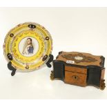 An ebonised and burr wood jewellery box with painted porcelain portrait panel, together with a