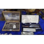 A cased canteen of EPNS fish knives and forks, 24 pieces, a cased stag horn handled 5 piece
