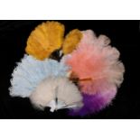 A GROUP OF 20TH CENTURY COLOURED OSTRICH FEATHER FANS one brown example mounted on tortoiseshell