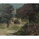 WILLIAM DRUMMOND BONE R.W.S, A.R.S.A Church amongst the trees, oil on board, 50 x 60cm Condition