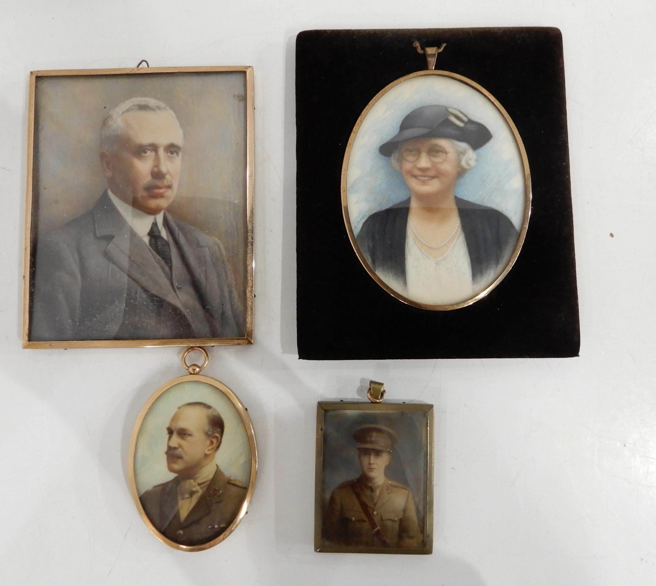 FOUR EARLY 20TH CENTURY MINIATURE PORTRAITS comprising;A lady and gentleman and two officers in