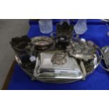 A collection of EPNS including a large twin handled tea tray with pierced borders, on four bun feet,