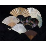 A GROUP OF FANS including a 19th century French ivory brise fan, with plain sticks, with carved