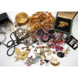 A Flora Danica Danish brooch in original packaging, and other items of vintage costume jewellery