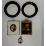 TWO 19TH CENTURY BISCUIT ROUNDELS 8cm diameter, 17th century style portrait of a gentleman, oil on