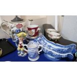 A large oversized teapot, a Clewes blue and white cheese trug, a blue and white transfer printed two