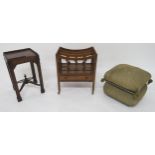 A Victorian mahogany single drawer Canterbury, Victorian upholstered hinged top footstool and a