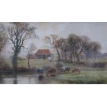 HENRY CHARLES FOX, Cattle at a ford, signed, watercolour, 33 x 55cm Condition Report:Available