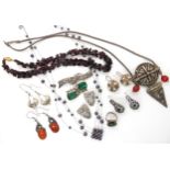 A white metal ethnic necklace, silver green agate and marcazite ring, deco clips, garnets, pearls