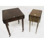 A Victorian two drawer drop leaf occasional table on square tapering supports and a larger single
