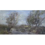 W.A.GIBSON Sheep grazing beside a river, oil on canvas, 21 x 36cm and a pair of paintings on
