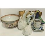A Chinese dragon candleholder, a cockerel and hen, a Staffordshire Chinese style duck, assorted